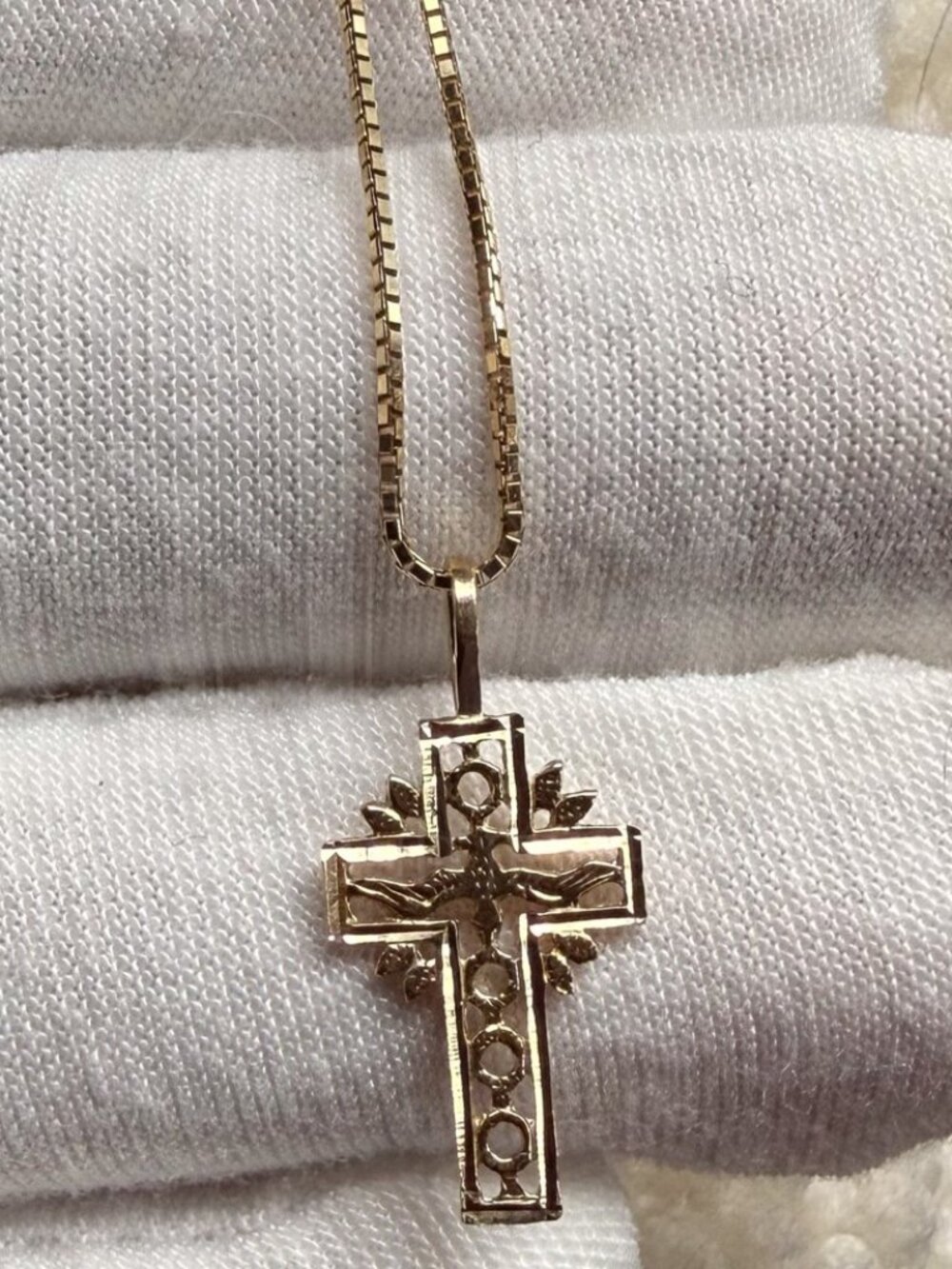 14K Yellow Gold Religious Cross Pendant With 0.8mm Box Chain - 20 inch